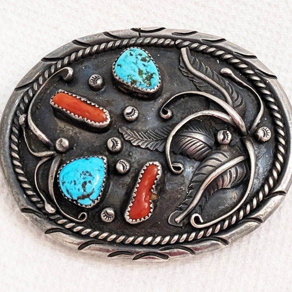 Vintage Oversized Navajo Sterling Silver, Coral Turquoise Signed